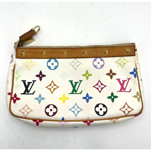 Louis Vuitton Handbags - Louis Vuitton LV White Multicolor Logo Purse Bag Pouch w/Strap, Box and COA